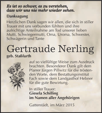 Traueranzeige von Gertraude Nerling von WVG - Wochenspiegel Merseburg