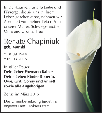 Traueranzeige von Renate Chapiniuk von Super Sonntag Zeitz