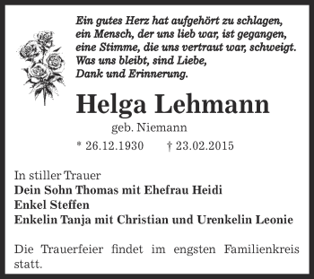 Traueranzeige von Helga Lehmann von WVG - Wochenspiegel Dessau / Köthen