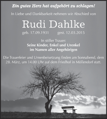 Traueranzeige von Rudi Dahlke von Wochenspiegel Mansfelder Land