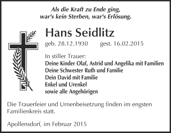 Traueranzeige von Hans Seidlitz von WVG - Wochenspiegel Wittenberg
