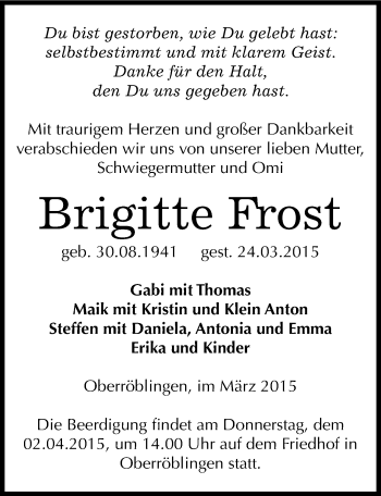 Traueranzeige von Brigitte Frost von Mitteldeutsche Zeitung Sangerhausen