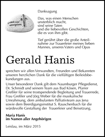 Traueranzeige von Gerald Hanis von Mitteldeutsche Zeitung Naumburg/Nebra