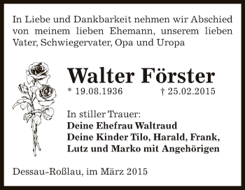 Traueranzeige von Walter Förster von WVG - Wochenspiegel Dessau / Köthen