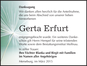 Traueranzeige von Gerta Erfurt von Mitteldeutsche Zeitung Merseburg/Querfurt