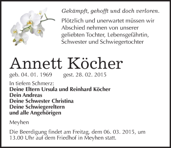 Traueranzeige von Annett Köcher von Mitteldeutsche Zeitung Naumburg/Nebra