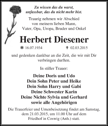Traueranzeige von Herbert Diesener von WVG - Wochenspiegel Dessau / Köthen