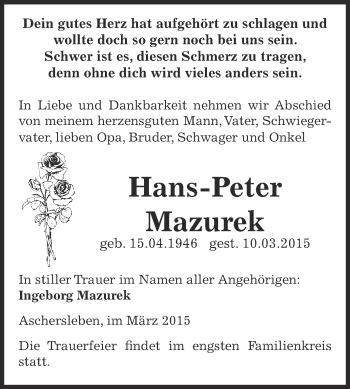 Traueranzeige von Hans-Peter Mazurek von Super Sonntag Aschersleben