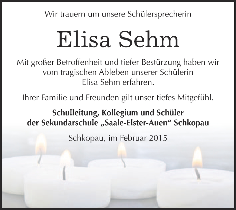  Traueranzeige für Elisa Sehm vom 08.03.2015 aus Super Sonntag Merseburg