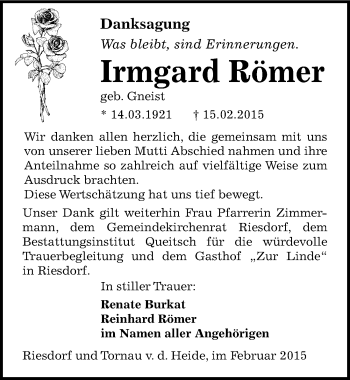 Traueranzeige von Irmgard Römer von Mitteldeutsche Zeitung Köthen