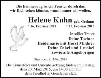 Traueranzeige von Helene Kuhn von WVG - Wochenspiegel Quedlinburg