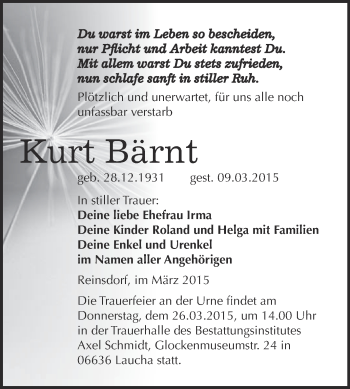 Traueranzeige von Kurt Bärnt von WVG - Wochenspiegel NMB / WSF / ZTZ
