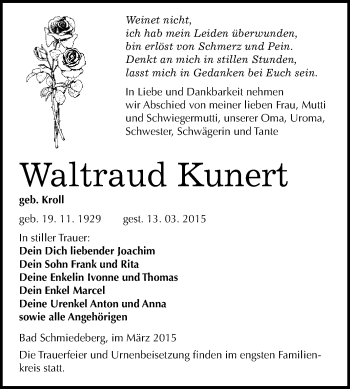 Traueranzeige von Waltraud Kunert von WVG - Wochenspiegel Wittenberg