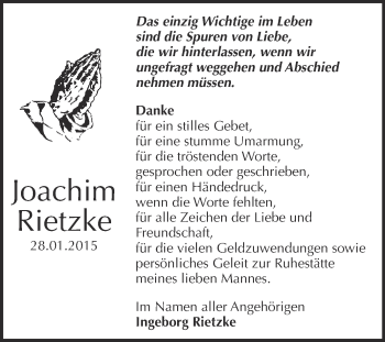 Traueranzeige von Joachim Rietzke von WVG - Wochenspiegel Wittenberg