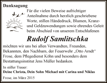 Traueranzeige von Rudolf Samlitschka von Super Sonntag Aschersleben