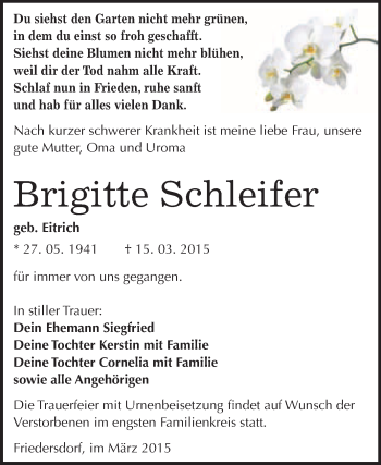 Traueranzeige von Brigitte Schleifer von WVG - Wochenspiegel Bitterfeld