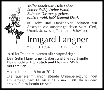 Traueranzeige von Irmgard Langner von Mitteldeutsche Zeitung Halle/Saalkreis