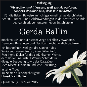 Traueranzeige von Gerda Ballin von WVG - Wochenspiegel Quedlinburg