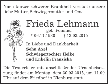 Traueranzeige von Frieda Lehmann von Super Sonntag Bernburg