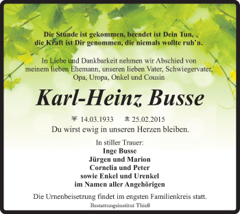 Traueranzeige von Karl-Heinz Busse von Super Sonntag Quedlinburg