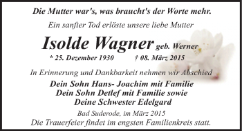 Traueranzeige von Isolde Wagner von Mitteldeutsche Zeitung Quedlinburg