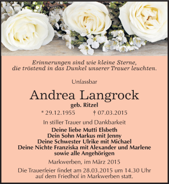 Traueranzeige von Andrea Langrock von Mitteldeutsche Zeitung Weißenfels