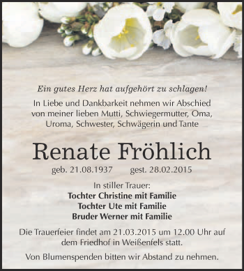 Traueranzeige von Renate Fröhlich von WVG - Wochenspiegel NMB / WSF / ZTZ