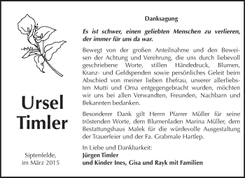 Traueranzeige von Ursel Timler von WVG - Wochenspiegel Quedlinburg