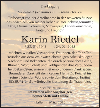 Traueranzeige von Karin Riedel von Mitteldeutsche Zeitung Halle/Saalkreis