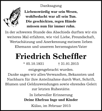 Traueranzeige von Friedrich Scheffler von Mitteldeutsche Zeitung Wittenberg