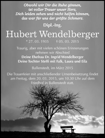 Traueranzeige von Hubert Wendelberger von Mitteldeutsche Zeitung Quedlinburg