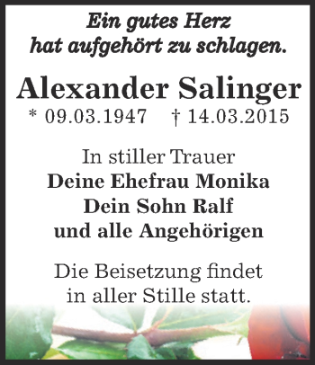 Traueranzeige von Alexander Salinger von WVG - Wochenspiegel Dessau / Köthen