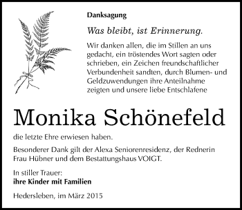 Traueranzeige von Monika Schönefeld von Mitteldeutsche Zeitung Mansfelder Land