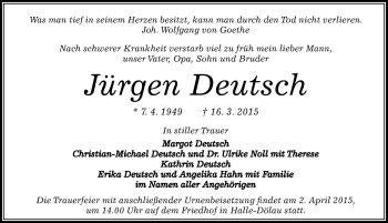 Traueranzeige von Jürgen Deutsch von Mitteldeutsche Zeitung Halle/Saalkreis