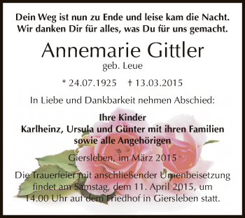 Traueranzeige von Annemarie Gittler von Super Sonntag Aschersleben