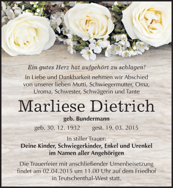 Traueranzeige von Marliese Dietrich von Mitteldeutsche Zeitung Halle/Saalkreis