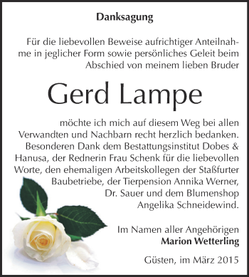 Traueranzeige von Gerd Lampe von Super Sonntag Bernburg