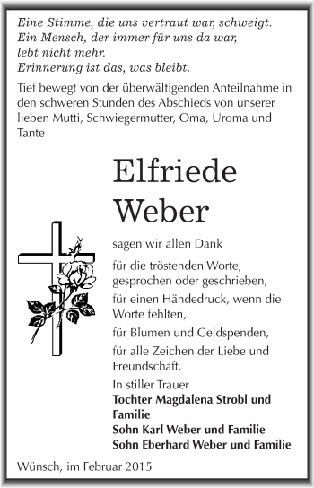 Traueranzeige von Elfriede Weber von WVG - Wochenspiegel Merseburg