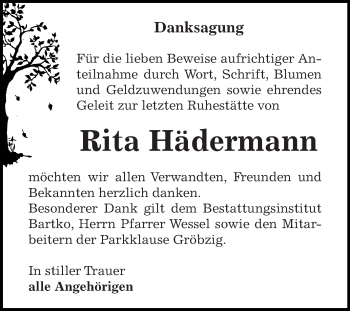 Traueranzeige von Rita Hädermann von WVG - Wochenspiegel Dessau / Köthen
