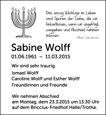 Traueranzeige von Sabine Wolff von Mitteldeutsche Zeitung Halle/Saalkreis