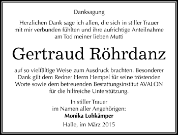 Traueranzeige von Gertraud Röhrdanz von Mitteldeutsche Zeitung Halle/Saalkreis
