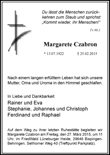 Traueranzeige von Margarete Czabron von Mitteldeutsche Zeitung Quedlinburg
