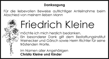 Traueranzeige von Friedrich Kleine von Mitteldeutsche Zeitung Bernburg