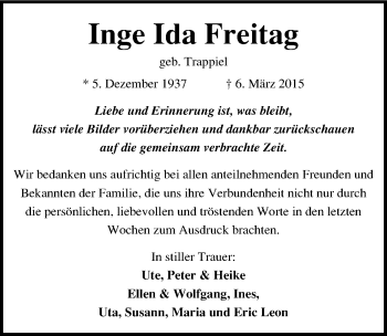 Traueranzeige von Inge Ida Freitag von Mitteldeutsche Zeitung Bitterfeld