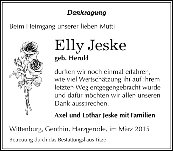 Traueranzeige von Elly Jeske von Mitteldeutsche Zeitung Quedlinburg