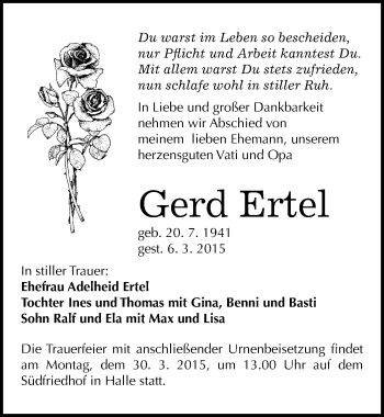 Traueranzeige von Gerd Ertel von Mitteldeutsche Zeitung Halle/Saalkreis