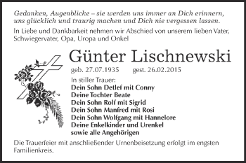 Traueranzeige von Günter Lischnewski von Super Sonntag Wittenberg