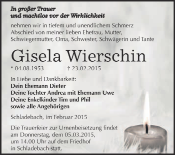 Traueranzeige von Gisela Wierschin von Super Sonntag Merseburg