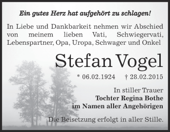 Traueranzeige von Stefan Vogel von WVG - Wochenspiegel Dessau / Köthen