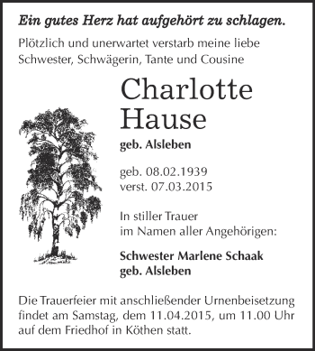 Traueranzeige von Charlotte Hause von WVG - Wochenspiegel Dessau / Köthen